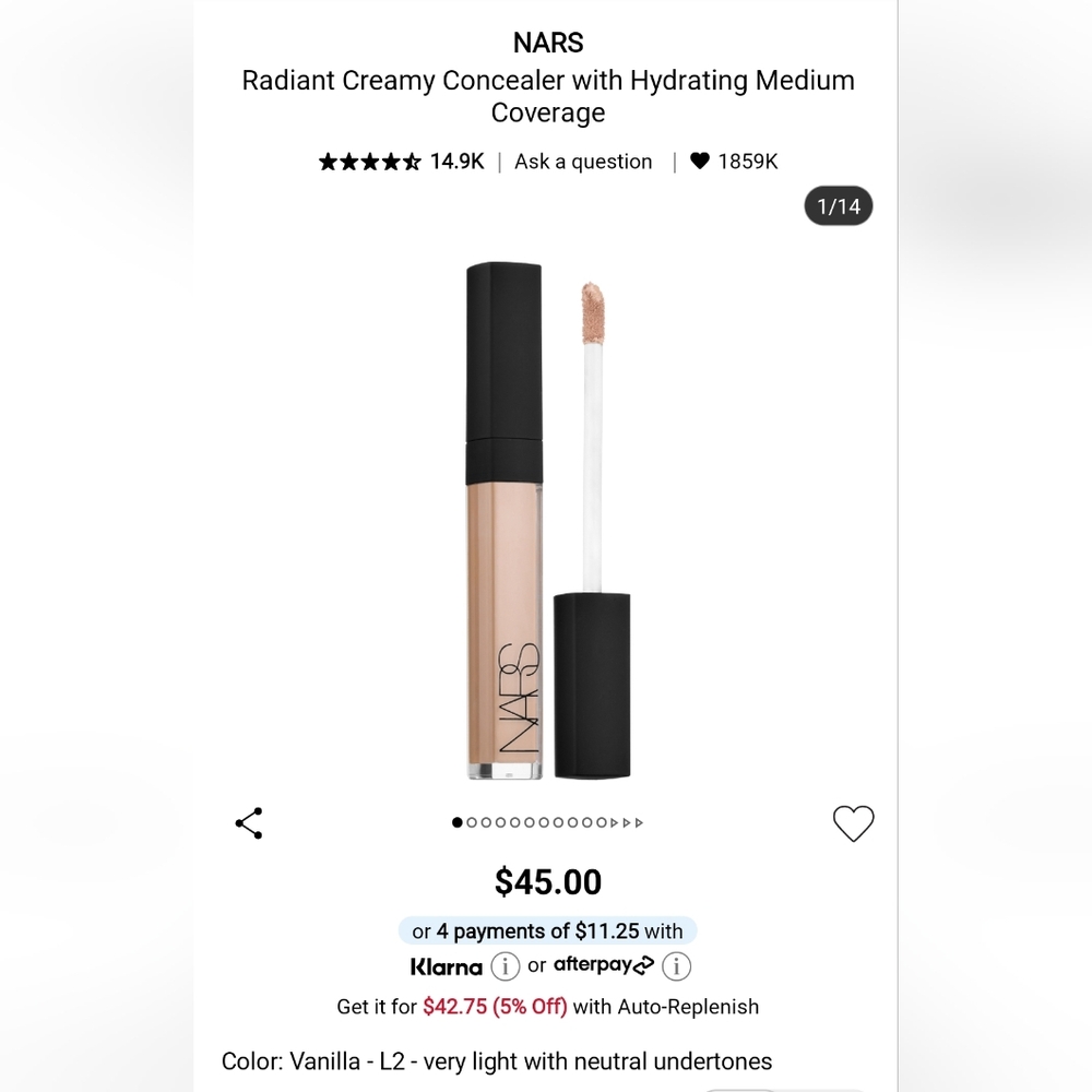 New NARS Light Reflecting Concealer Shade Vnilla